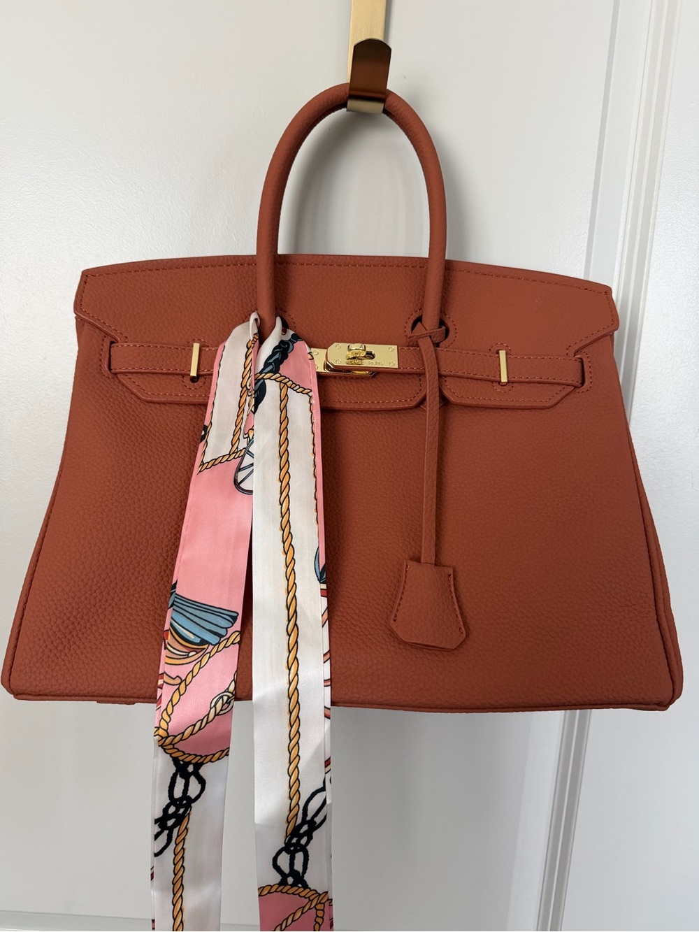 LOOK ALIKE Women’s Structured Top-Handle Bag in Rust with Scarf Accent